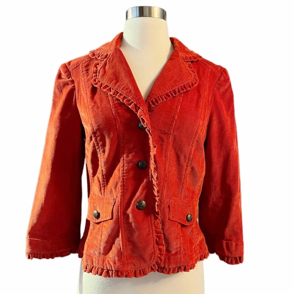 SANDRO Corduroy Jacket Blazer Cotton Red Collar Long Sleeve Ruffle Trim Small - Picture 7 of 9